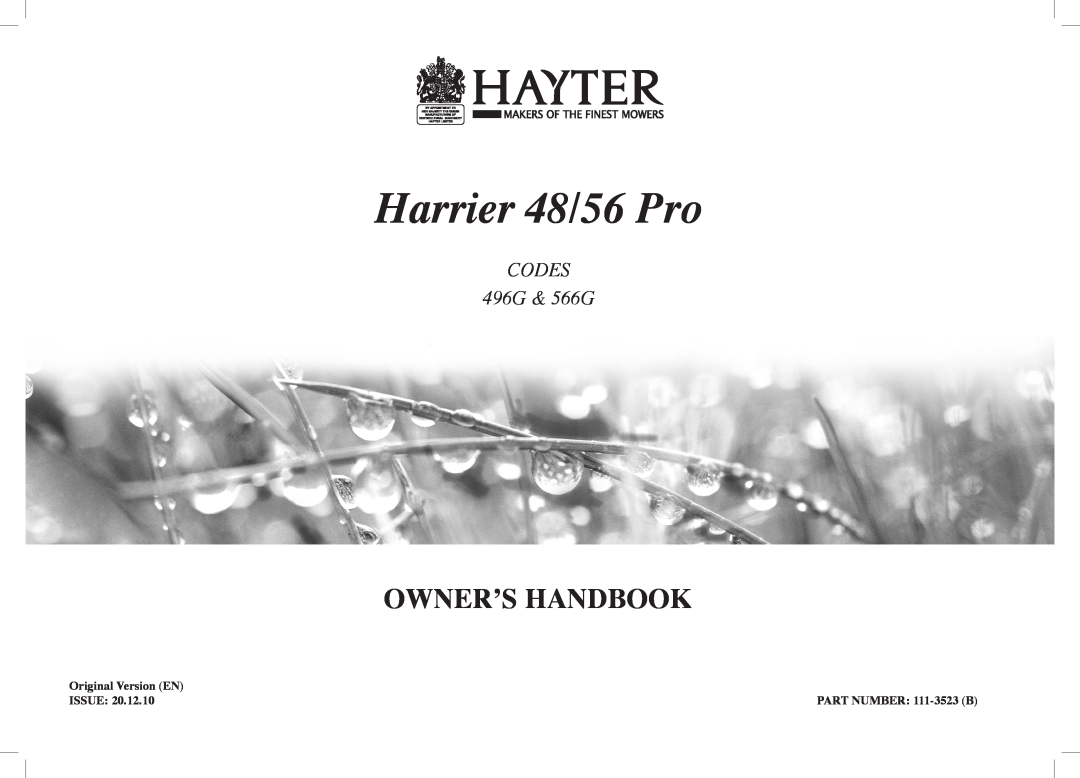 Hayter Mowers manual Harrier 48/56 Pro, Owner’S Handbook, CODES 496G & 566G 