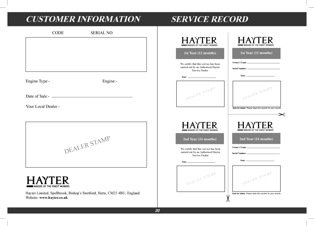 Hayter Mowers 496G Customer Information, Service Record, 1st Year 12 months, 2nd Year 24 months, Code, Serial No, Engine 