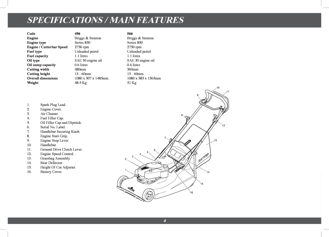 Hayter Mowers 496G, 566G manual Specifications / Main Features 