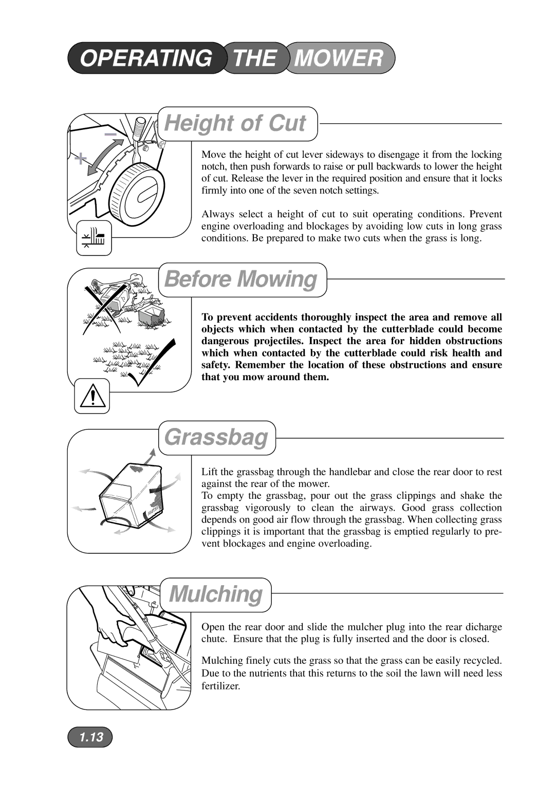 Hayter Mowers 533A manual Height of Cut, Before Mowing, Grassbag, Mulching 