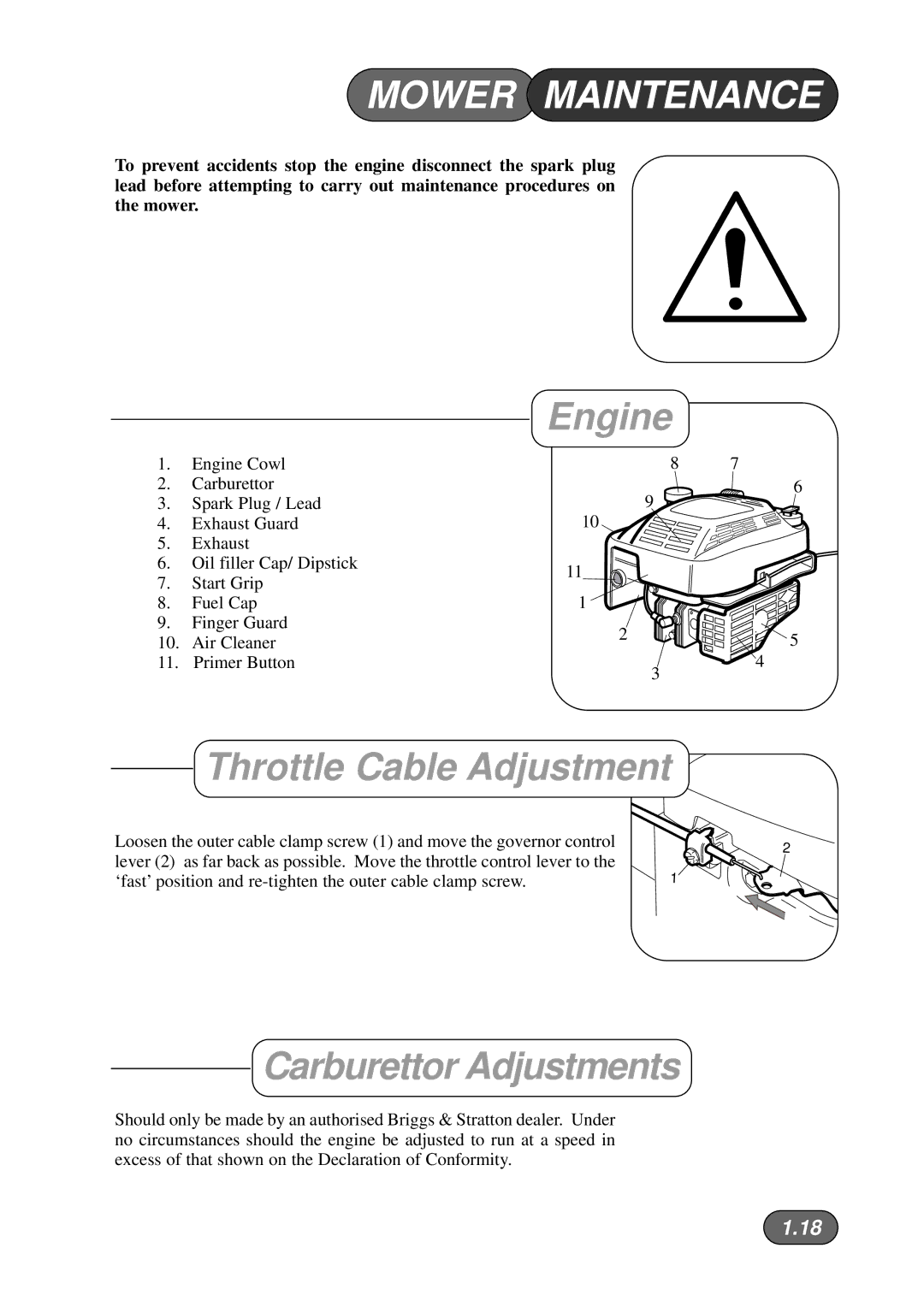 Hayter Mowers 533A manual Mower Maintenance, Engine, Throttle Cable Adjustment, Carburettor Adjustments 