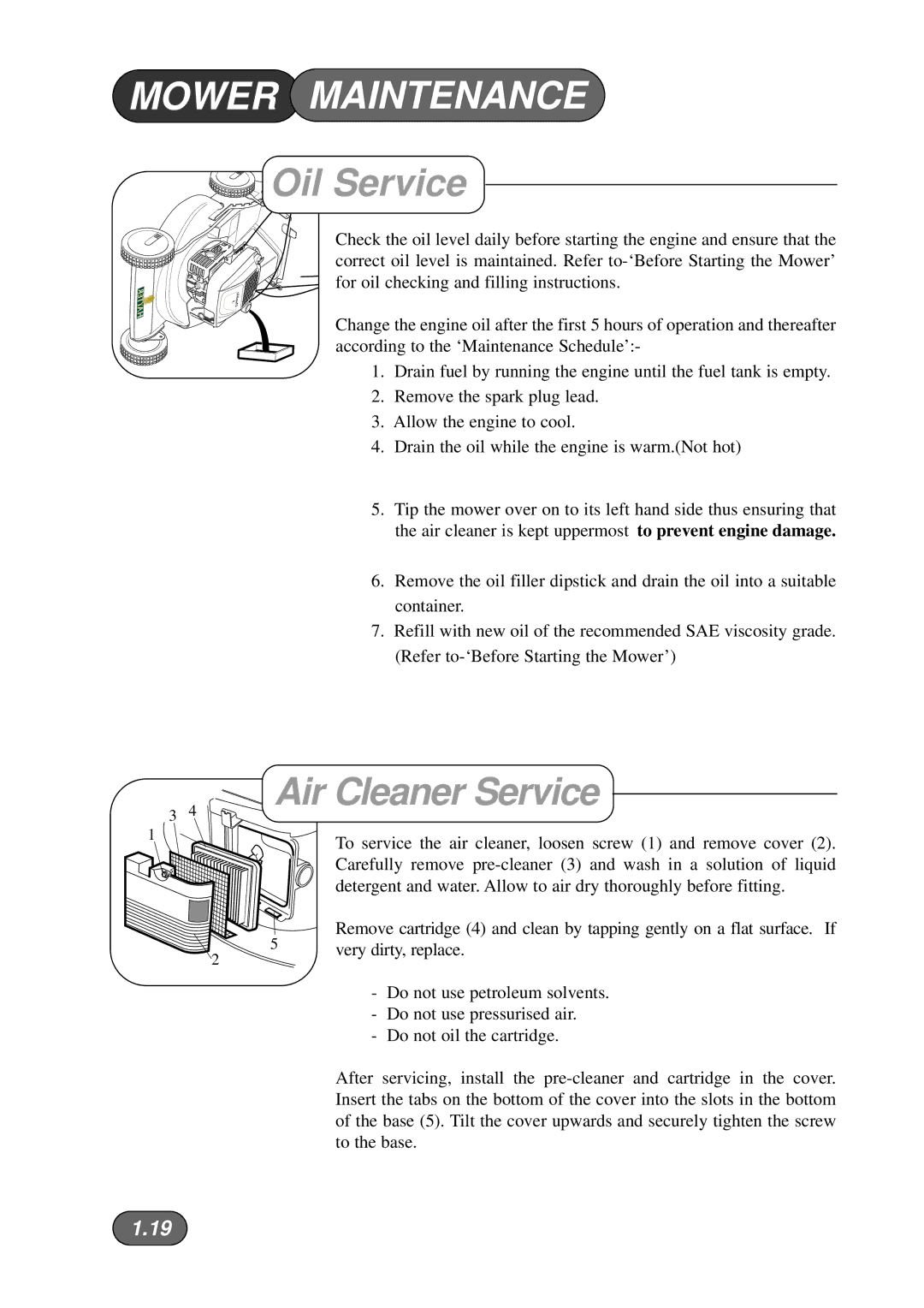 Hayter Mowers 533A manual Oil Service, Air Cleaner Service 