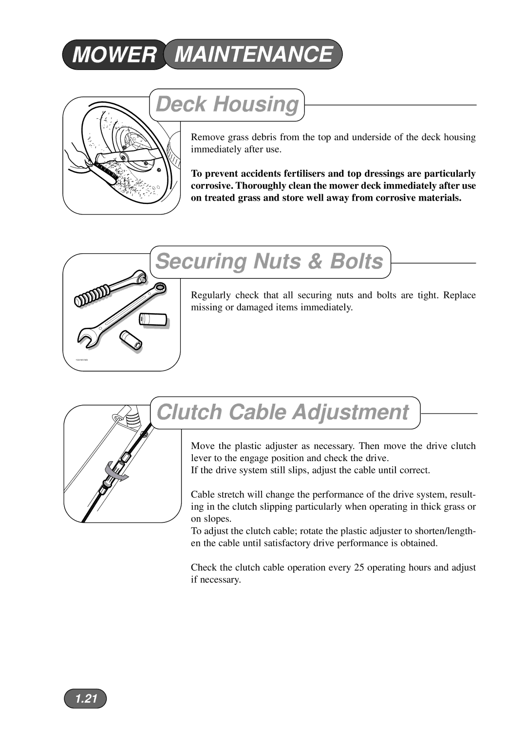 Hayter Mowers 533A manual Deck Housing, Securing Nuts & Bolts, Clutch Cable Adjustment 