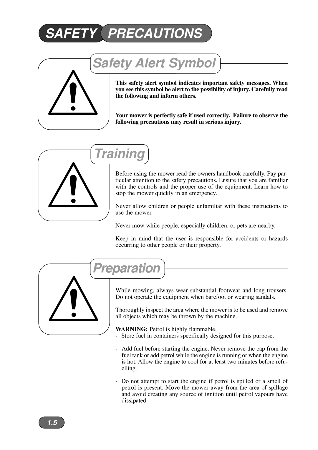 Hayter Mowers 533A manual Safety Precautions, Safety Alert Symbol, Training, Preparation 