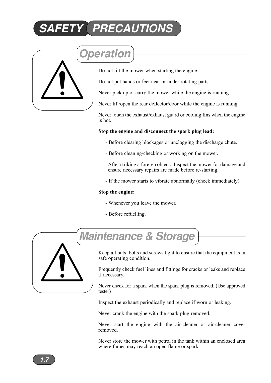 Hayter Mowers 533A manual Maintenance & Storage, Stop the engine and disconnect the spark plug lead 