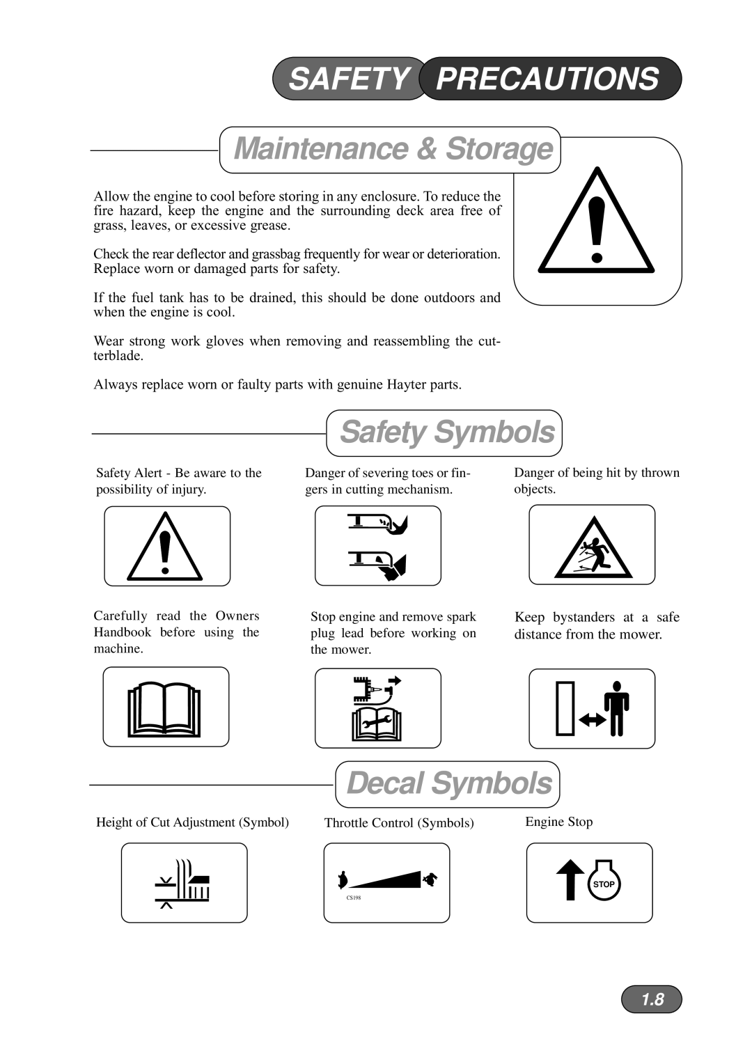 Hayter Mowers 533A manual Safety Symbols, Decal Symbols 