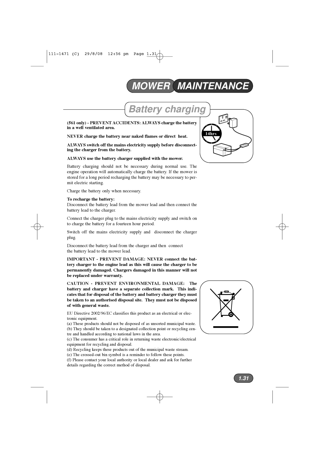 Hayter Mowers 561F, 560F manual Battery charging, 14hrs 