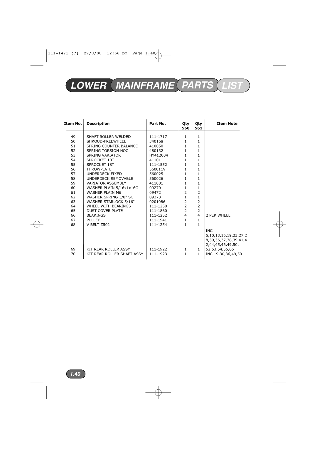 Hayter Mowers 560F, 561F manual Item No Description Qty Item Note 560 561 