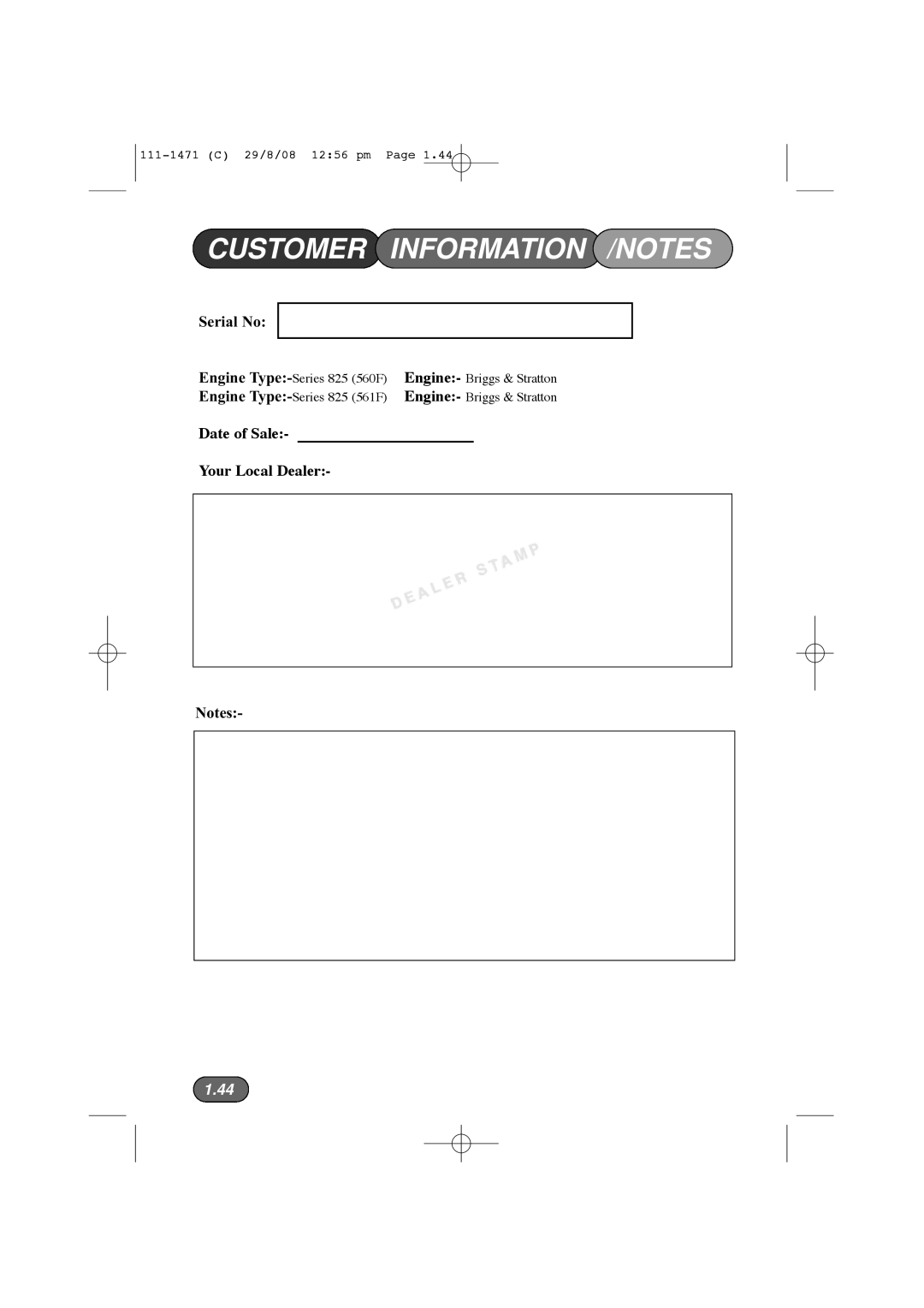 Hayter Mowers 560F, 561F manual Customer Information /NOTES 