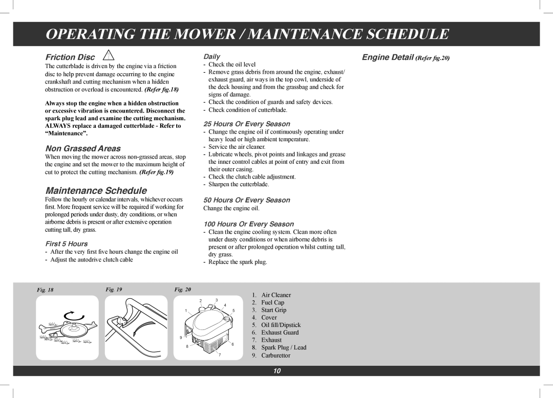 Hayter Mowers 561G, 560G Operating the Mower / Maintenance Schedule, Friction Disc, Non Grassed Areas, Engine Detail Refer 