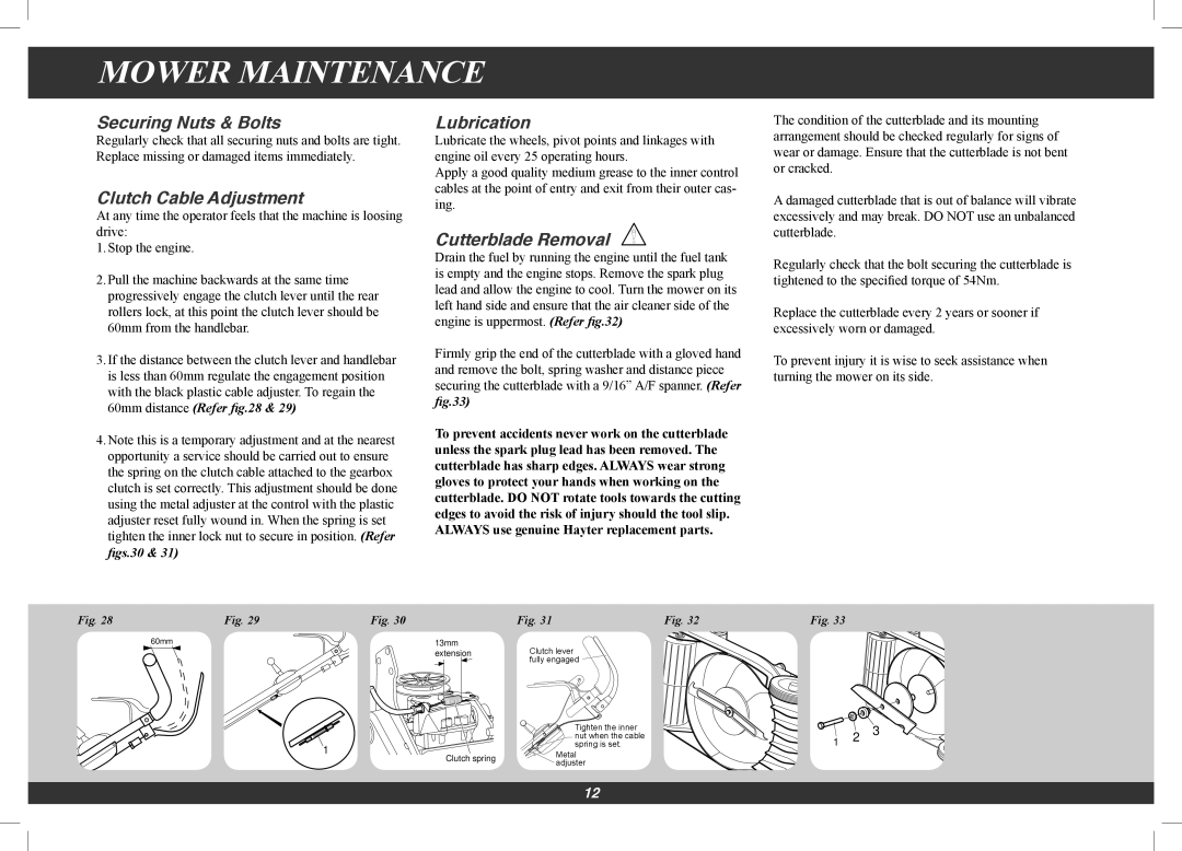 Hayter Mowers 561G, 560G manual Securing Nuts & Bolts, Clutch Cable Adjustment, Lubrication, Cutterblade Removal 