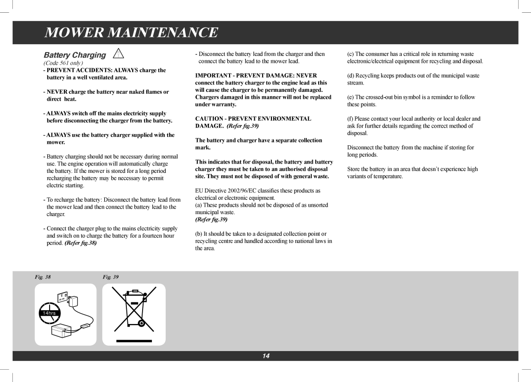 Hayter Mowers 561G, 560G manual Battery Charging 