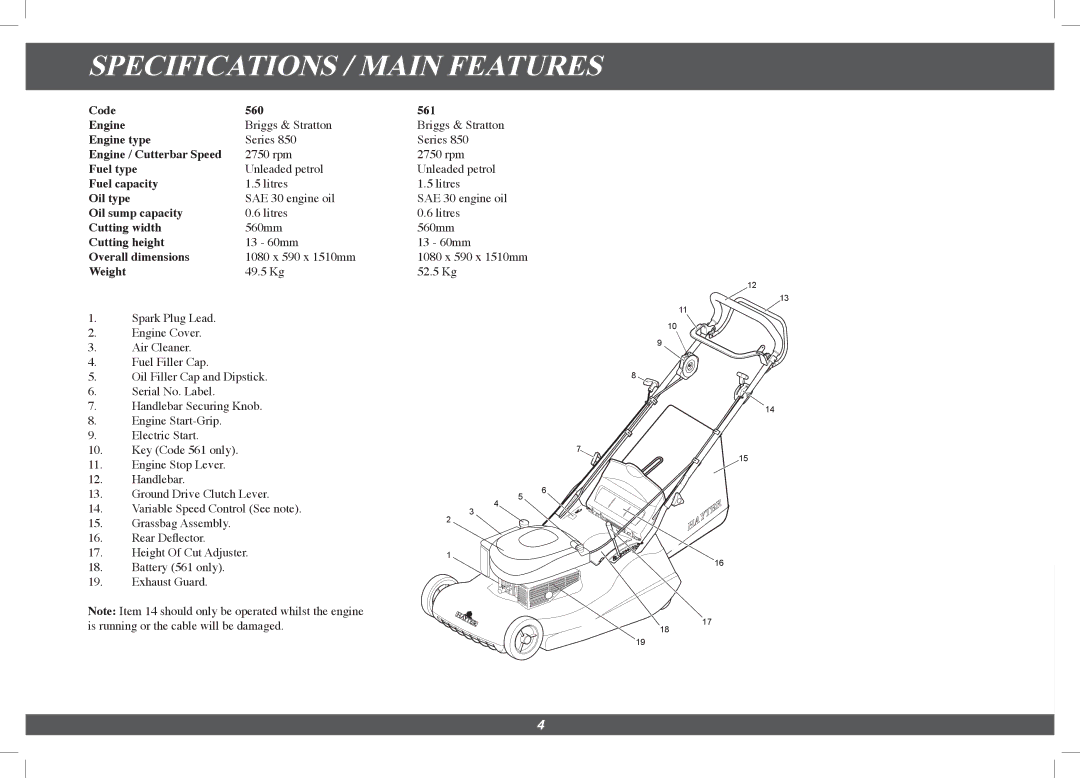 Hayter Mowers 561G, 560G manual Specifications / Main Features 