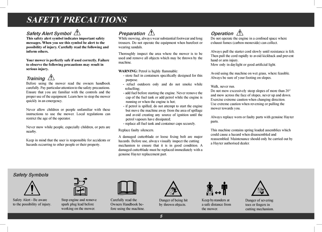 Hayter Mowers 560G, 561G manual Safety Precautions 