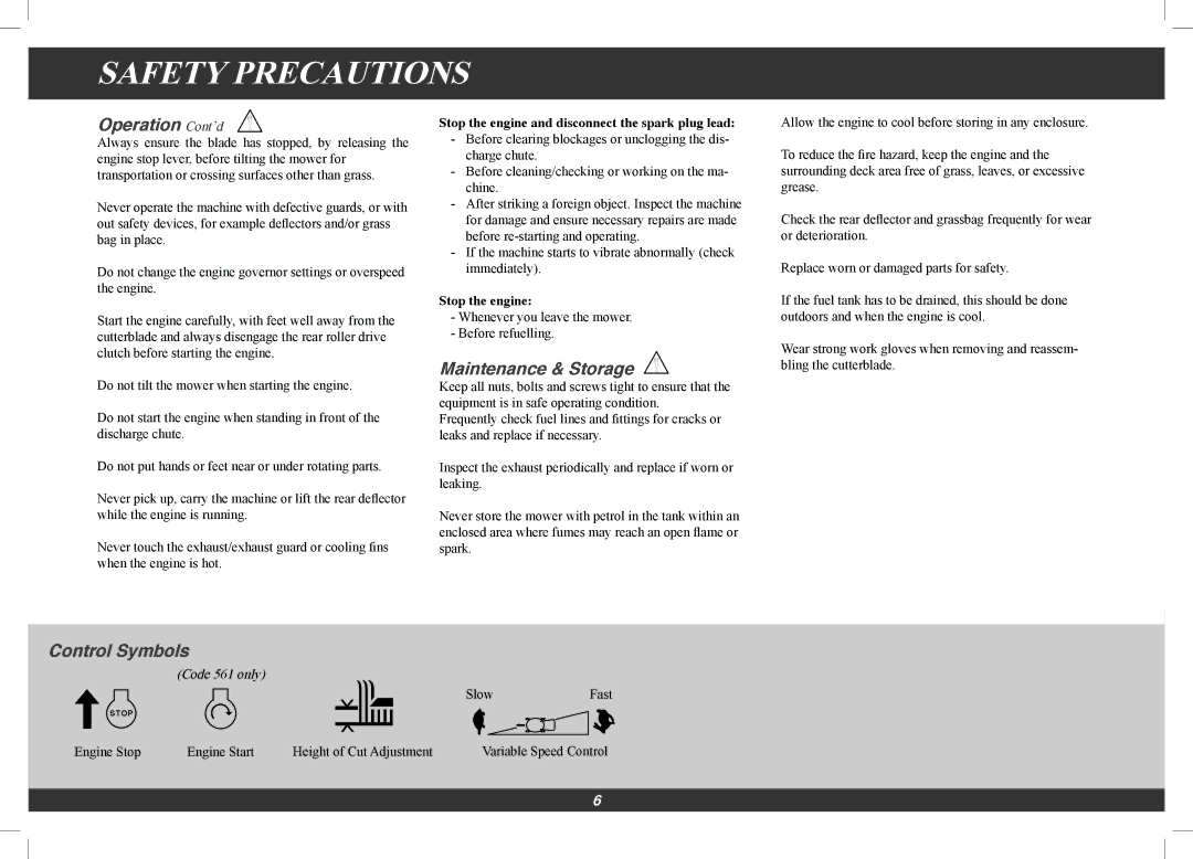 Hayter Mowers 561G, 560G manual Operation Cont’d, Maintenance & Storage, Control Symbols 