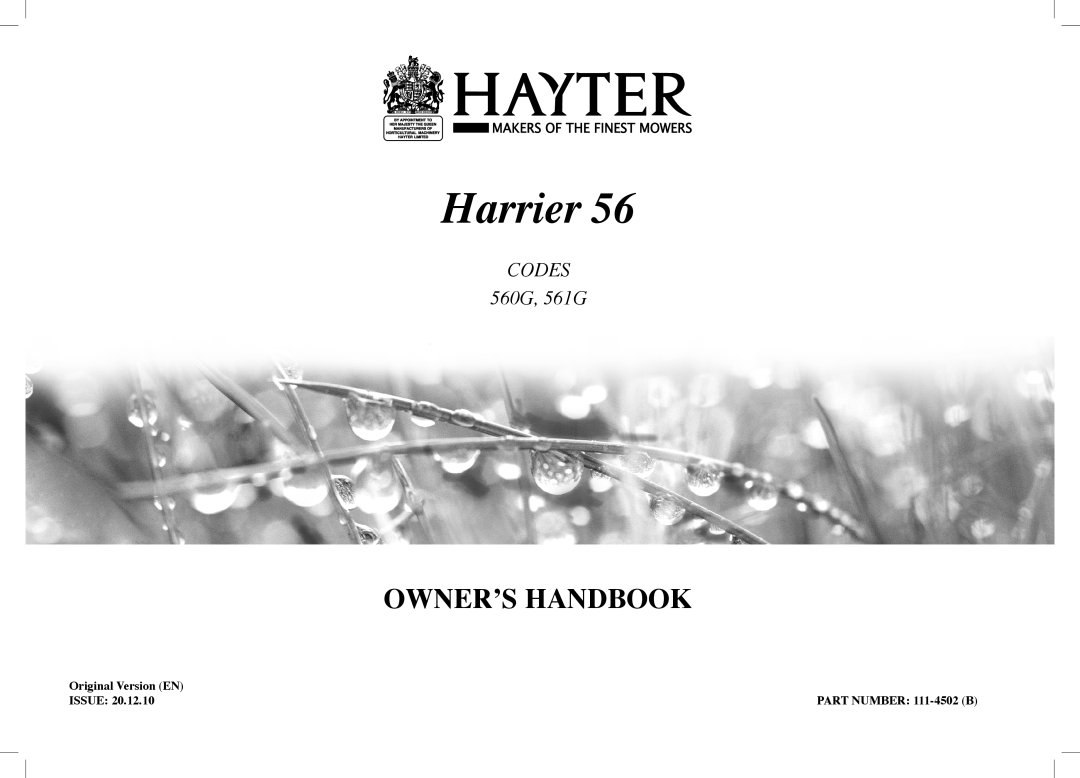 Hayter Mowers manual Harrier, Owner’S Handbook, CODES 560G, 561G 