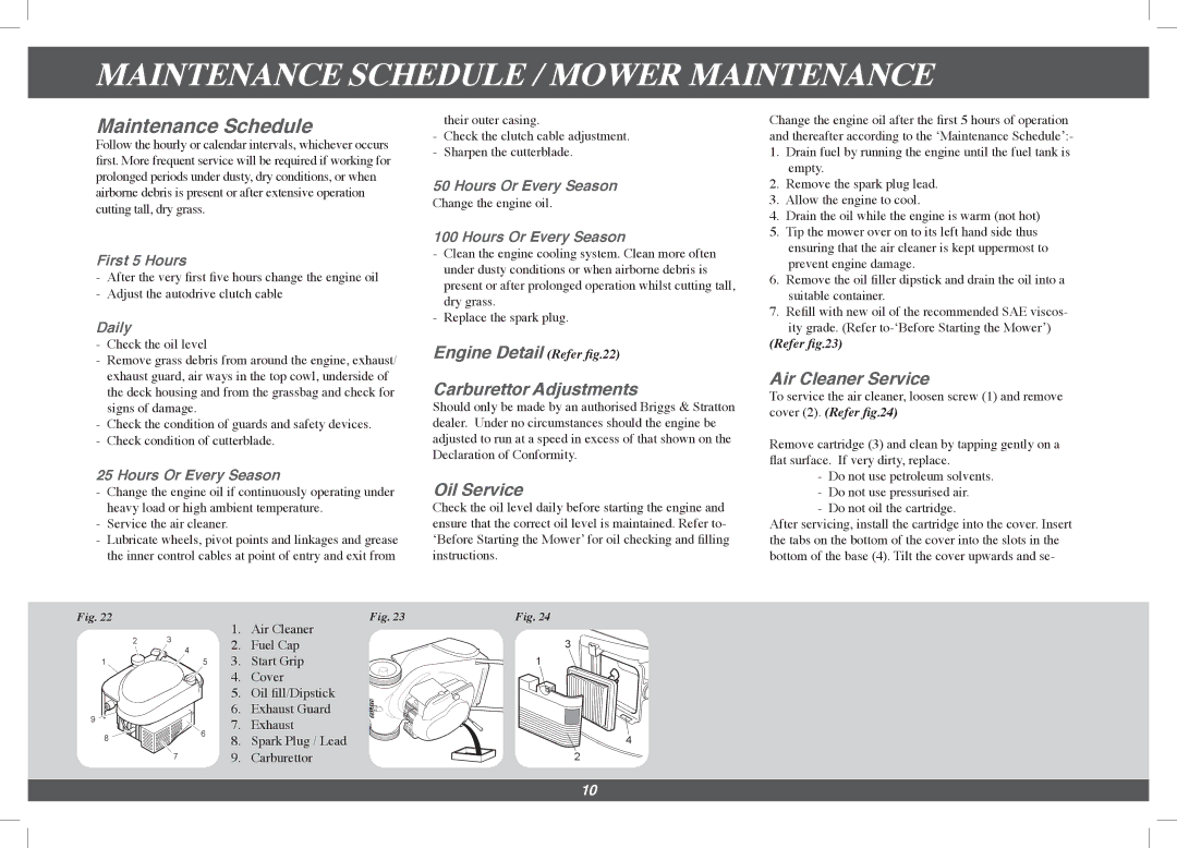 Hayter Mowers 563F Maintenance Schedule / Mower Maintenance, Engine Detail Refer Carburettor Adjustments, Oil Service 