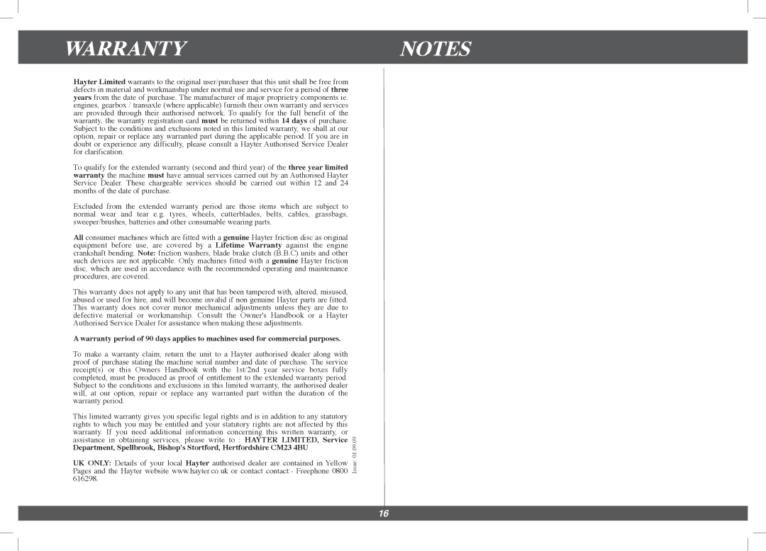 Hayter Mowers 563F, 493F manual Warrantynotes 