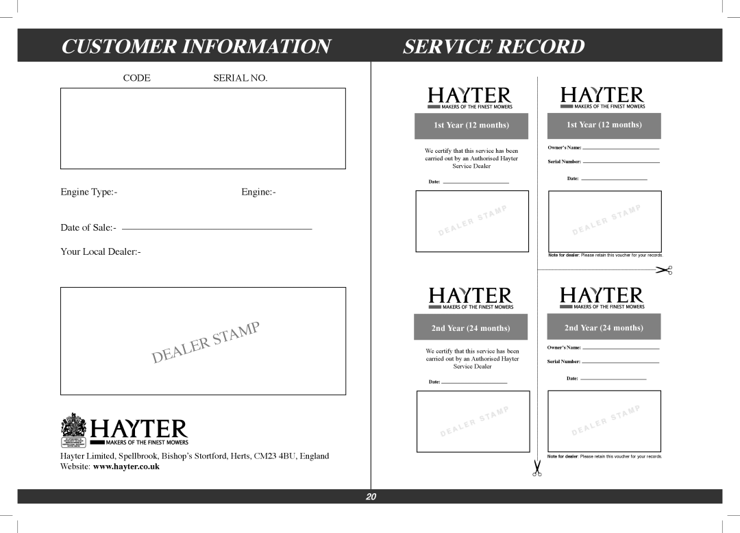 Hayter Mowers 563F, 493F manual Customer Information, Service Record 