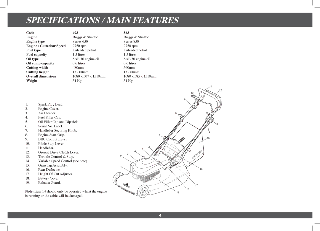 Hayter Mowers 563F, 493F manual Specifications / Main Features 