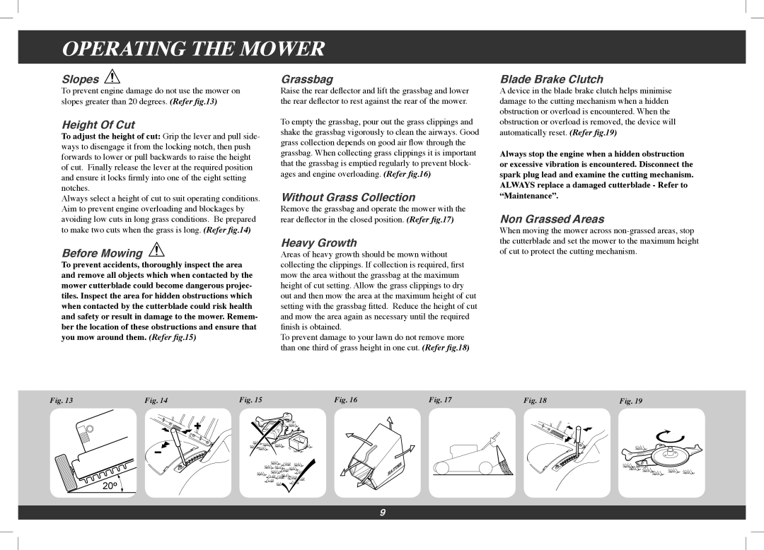 Hayter Mowers 493F, 563F manual Slopes, Height Of Cut, Before Mowing, Grassbag, Without Grass Collection, Heavy Growth 