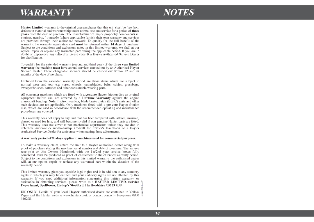 Hayter Mowers 615E manual Warrantynotes 