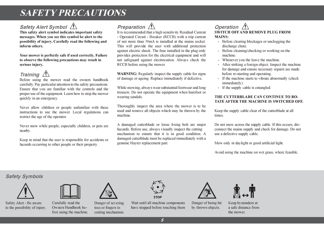 Hayter Mowers 615E manual Safety Precautions 