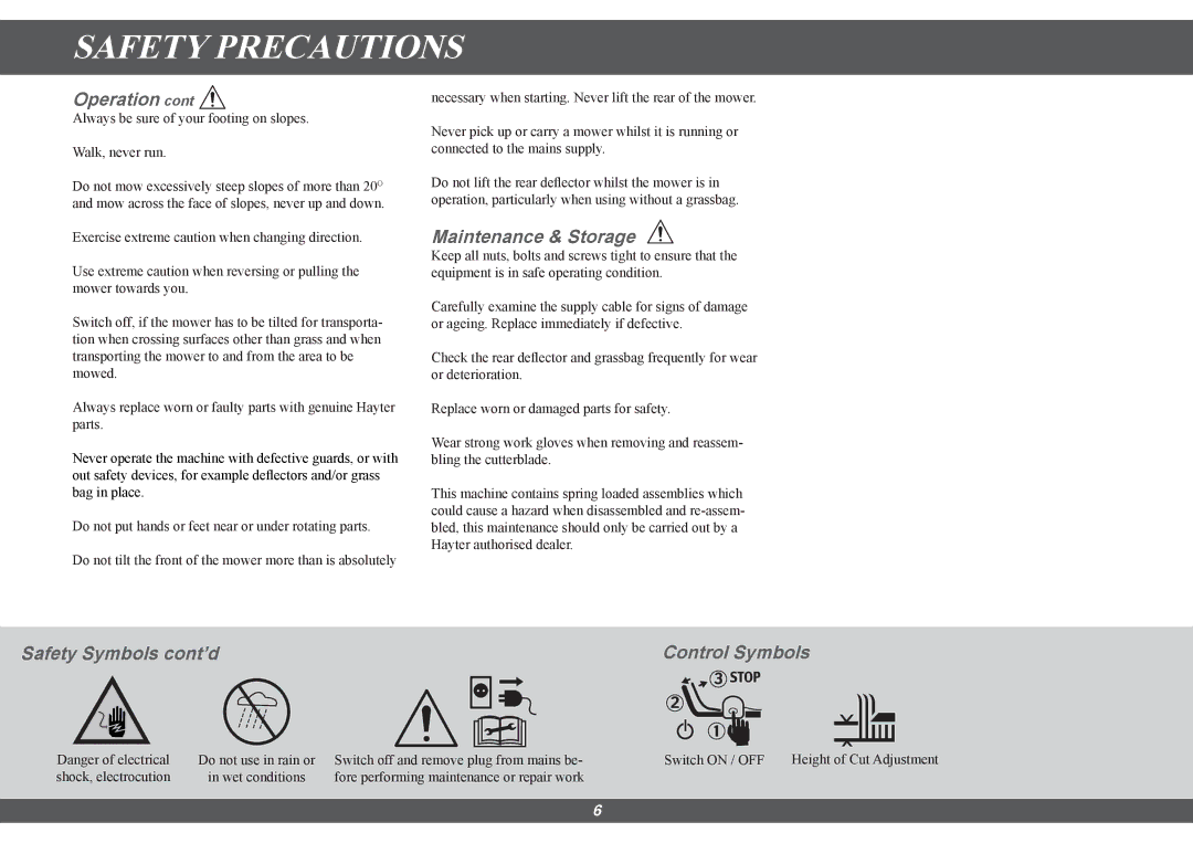 Hayter Mowers 615E manual Maintenance & Storage, Safety Symbols cont’d Control Symbols 