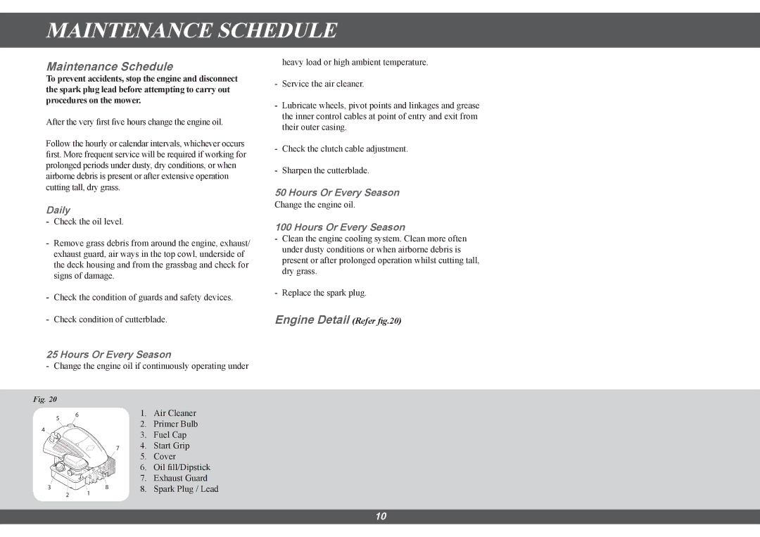 Hayter Mowers 616E manual Maintenance Schedule, Engine Detail Refer 