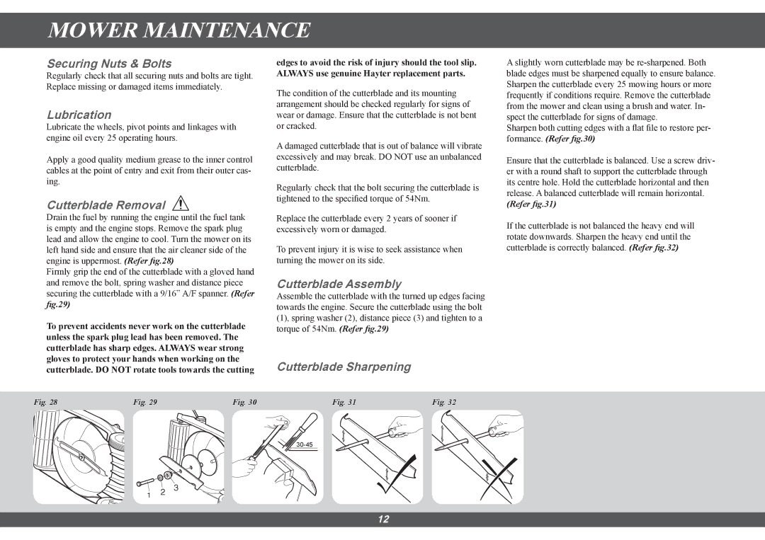 Hayter Mowers 616E Securing Nuts & Bolts, Lubrication, Cutterblade Removal, Cutterblade Assembly, Cutterblade Sharpening 