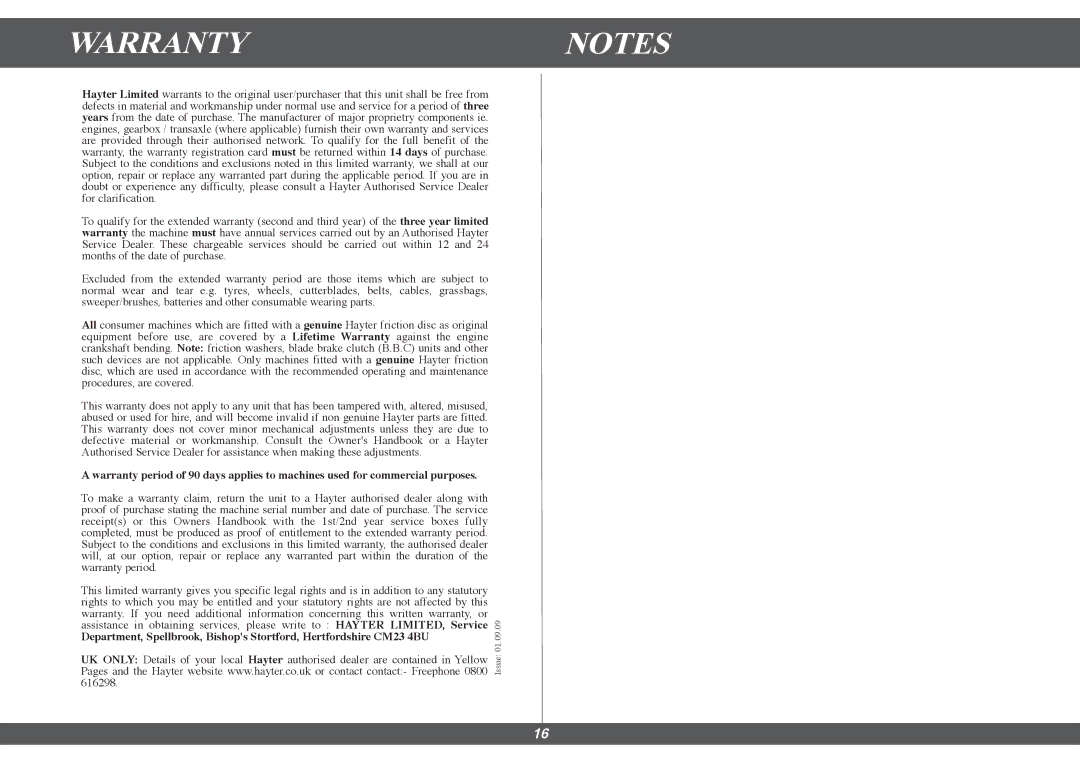 Hayter Mowers 616E manual Warrantynotes 