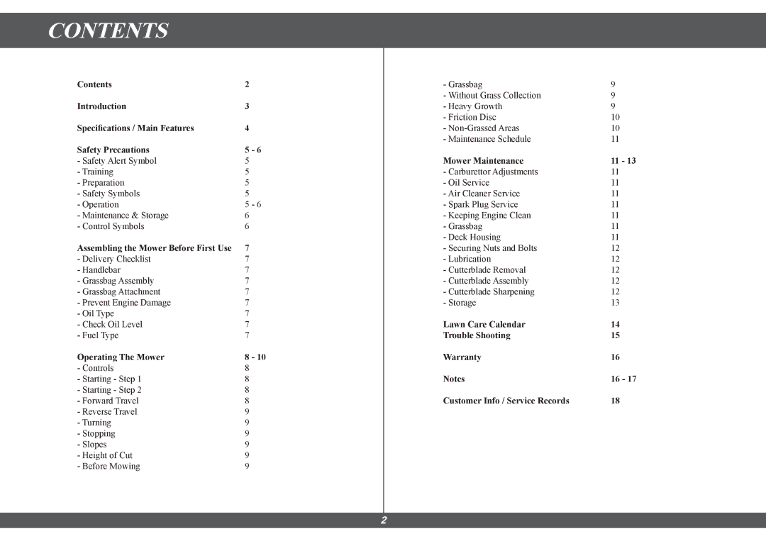 Hayter Mowers 616E manual Contents 