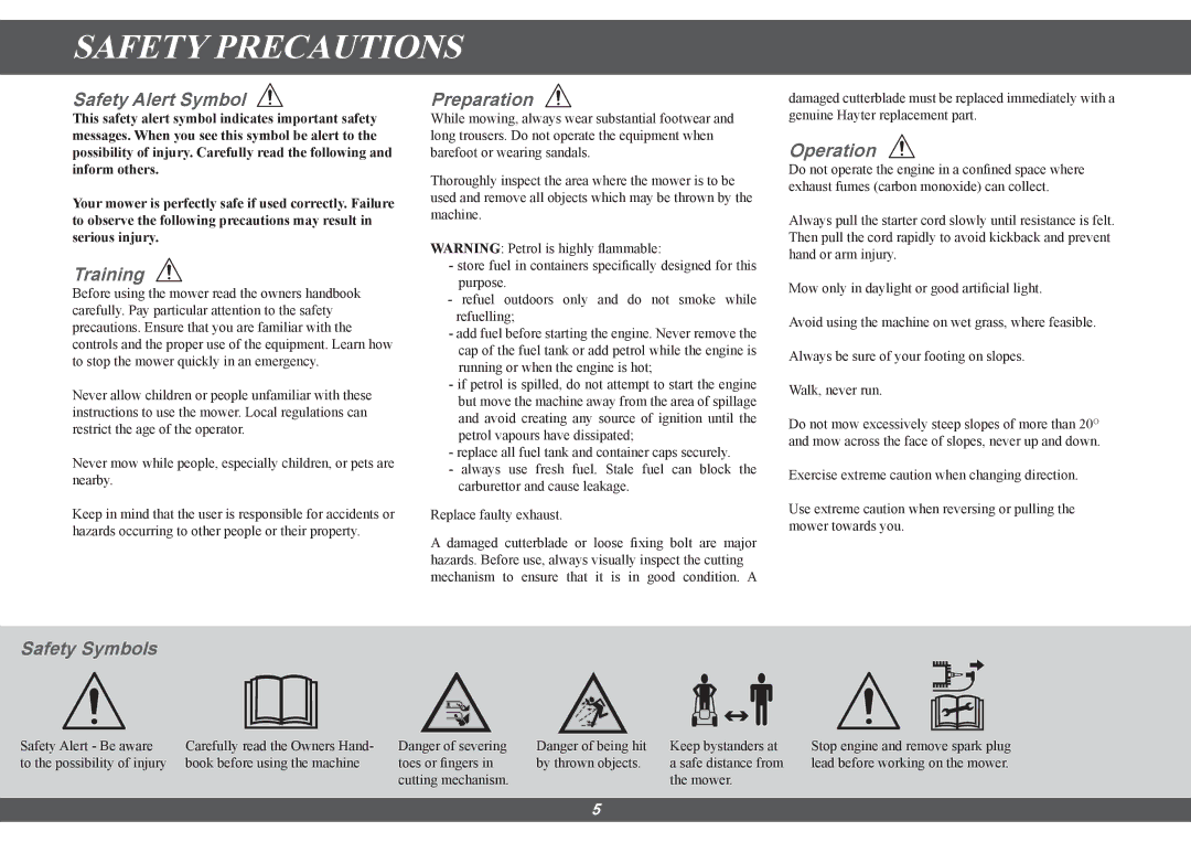 Hayter Mowers 616E manual Safety Precautions 