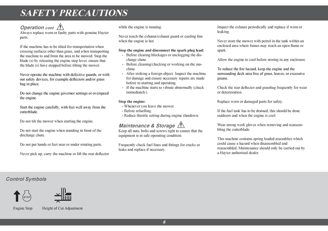 Hayter Mowers 616E manual Maintenance & Storage, Control Symbols 