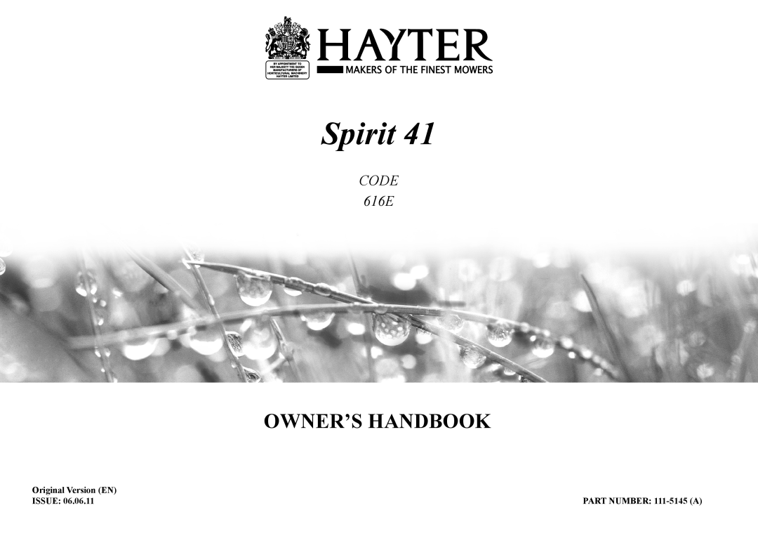 Hayter Mowers manual Spirit, Owner’S Handbook, CODE 616E 