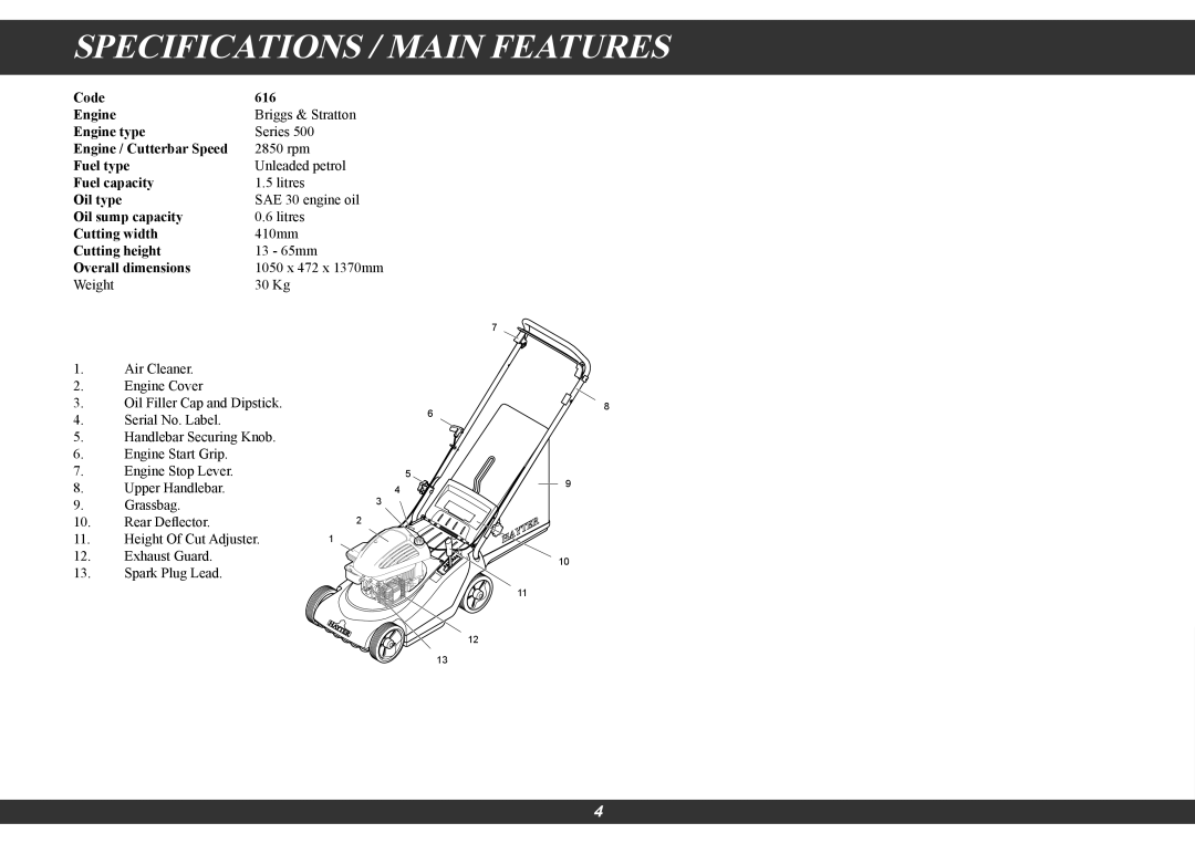 Hayter Mowers 616E manual Specifications / Main Features 