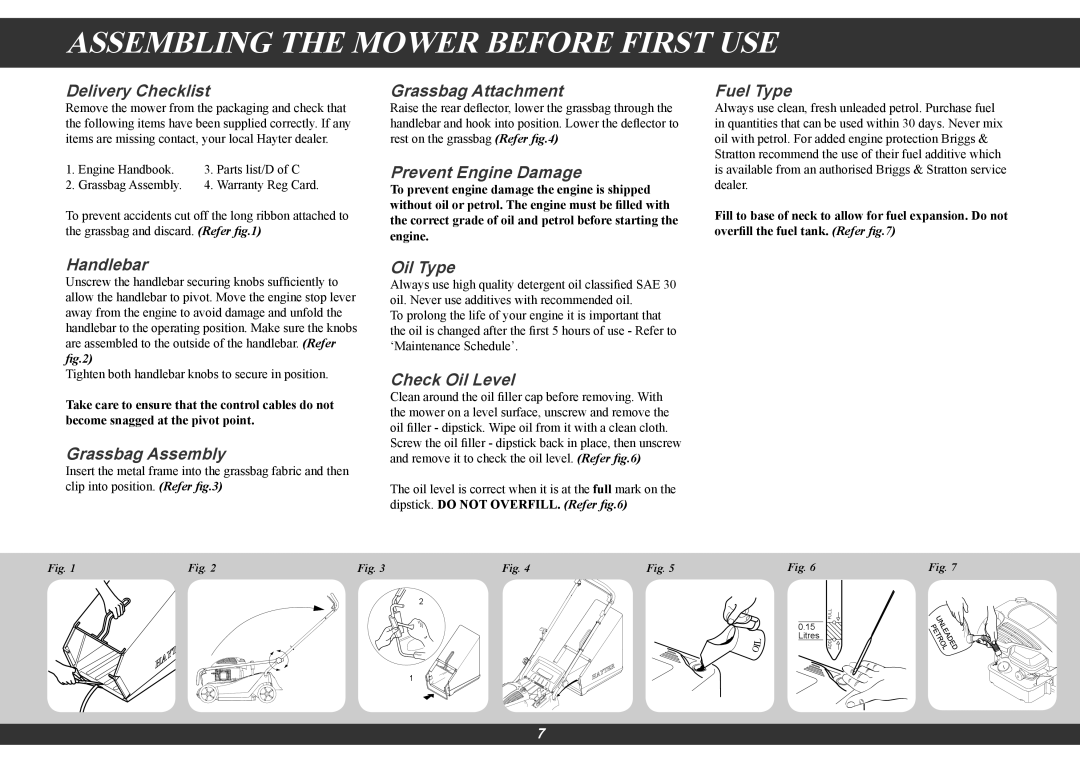 Hayter Mowers 616E Assembling The Mower Before First Use, Delivery Checklist, Grassbag Attachment, Prevent Engine Damage 