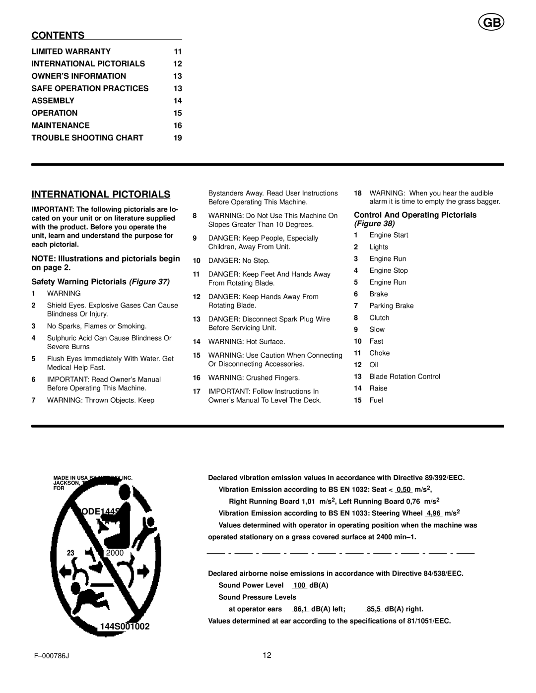 Hayter Mowers CODE144S manual Contents, International Pictorials 