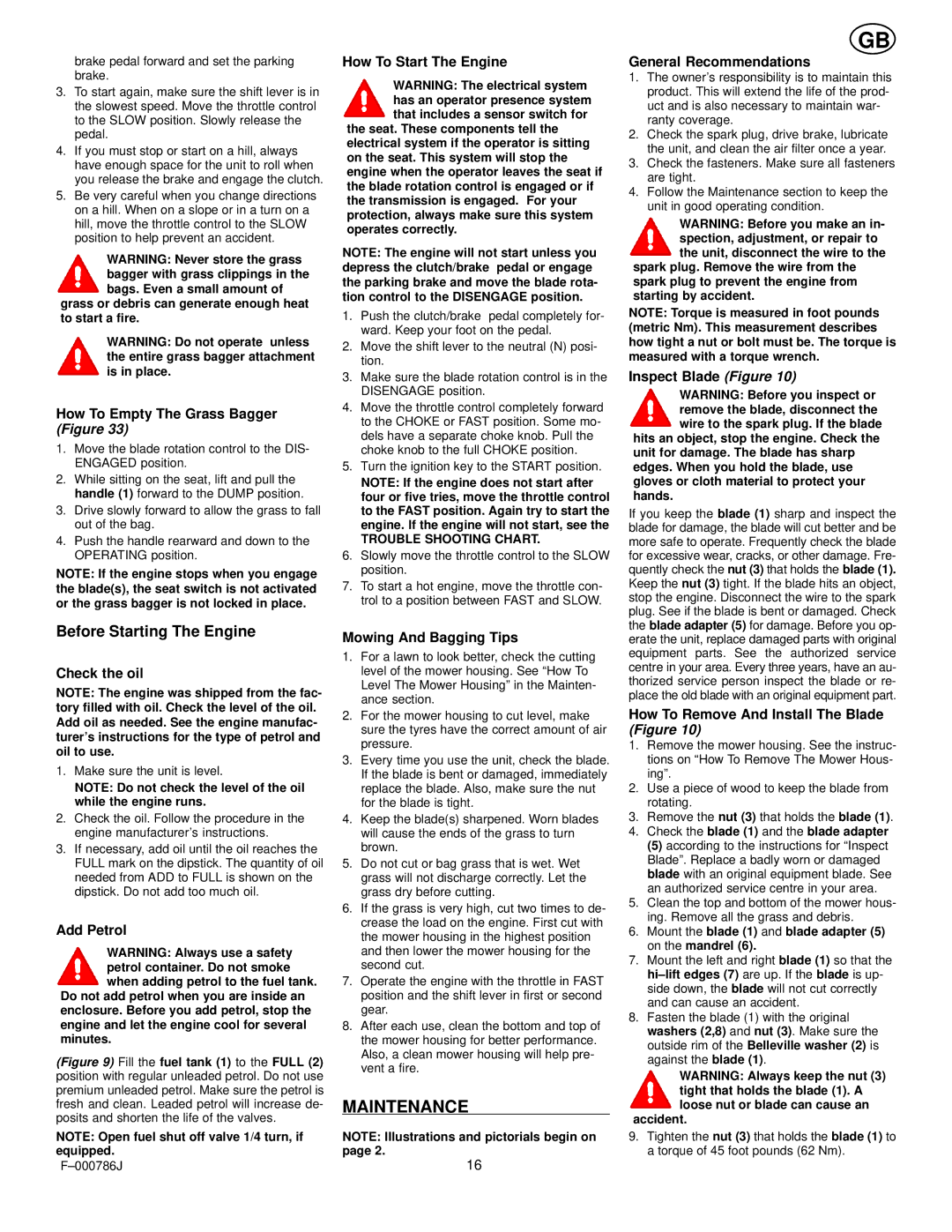 Hayter Mowers CODE144S manual Maintenance, Before Starting The Engine 