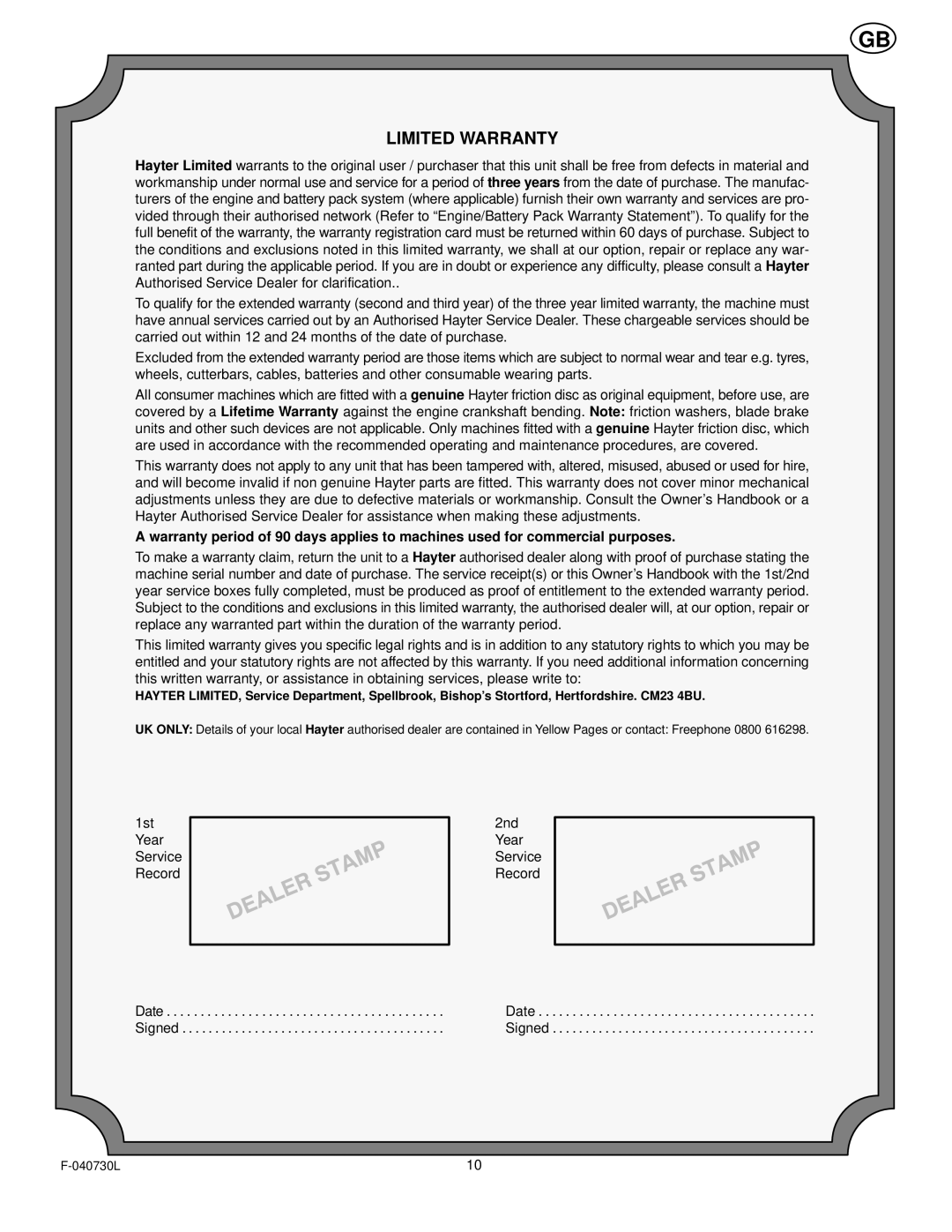 Hayter Mowers E131B manual Limited Warranty 