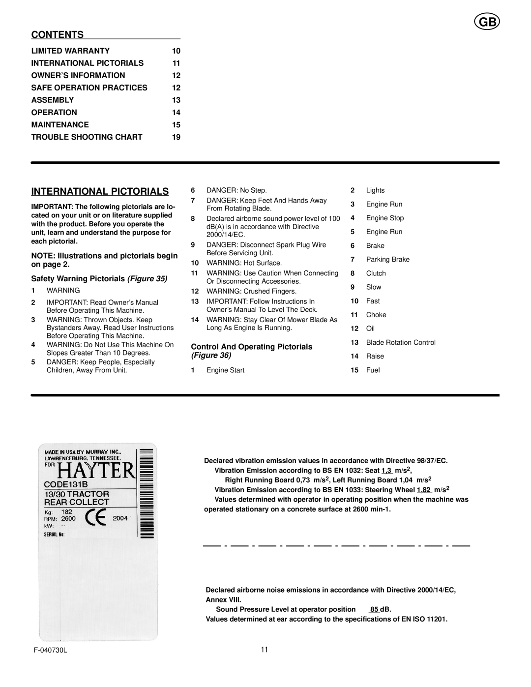 Hayter Mowers E131B manual Contents, International Pictorials 