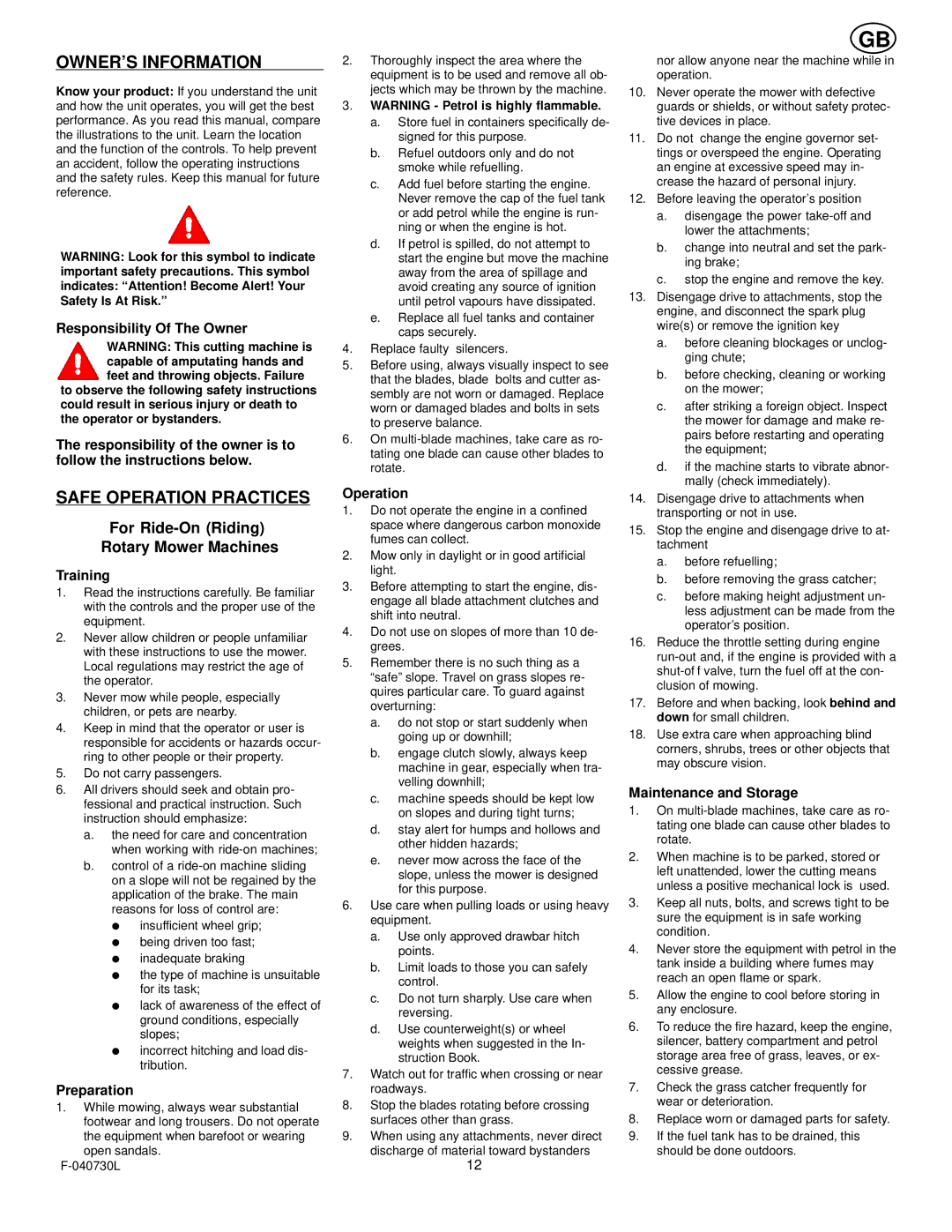 Hayter Mowers E131B manual OWNER’S Information, Safe Operation Practices 