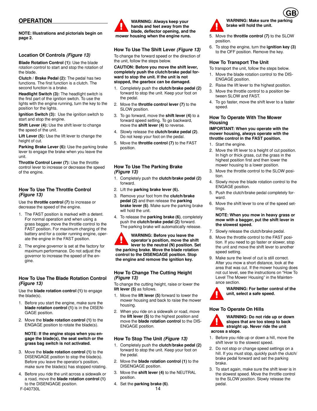 Hayter Mowers E131B manual Operation 