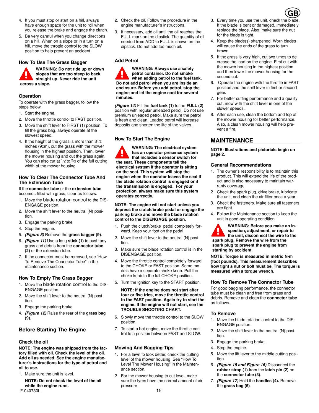 Hayter Mowers E131B manual Maintenance 