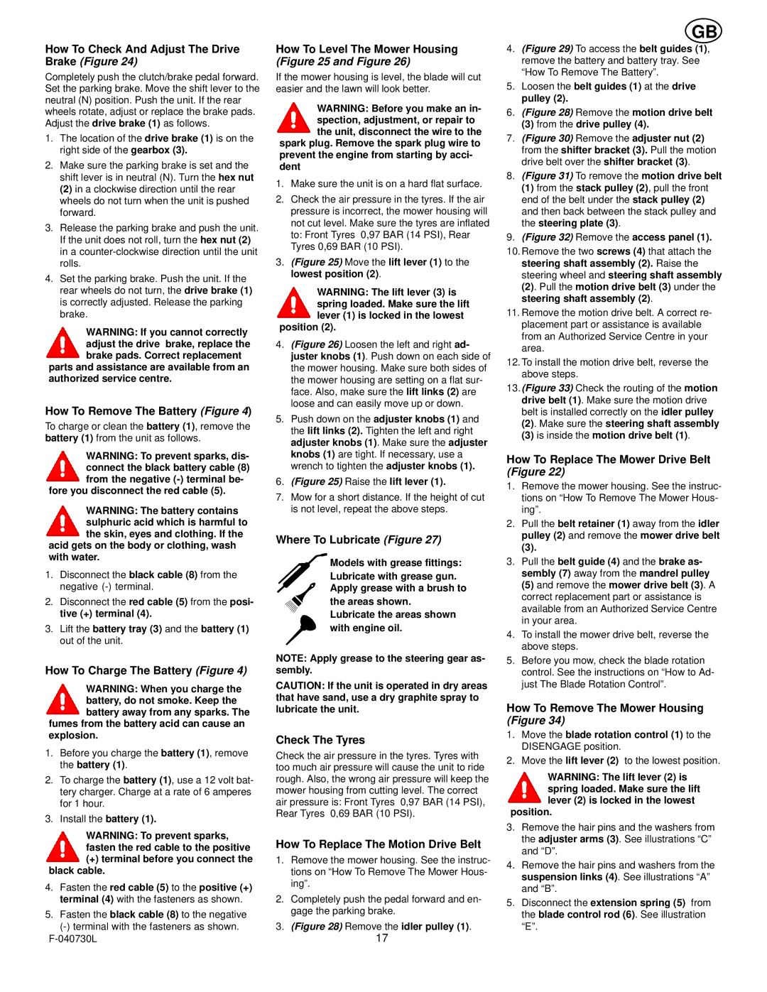 Hayter Mowers E131B manual How To Check And Adjust The Drive, How To Remove The Battery Figure, Where To Lubricate Figure 