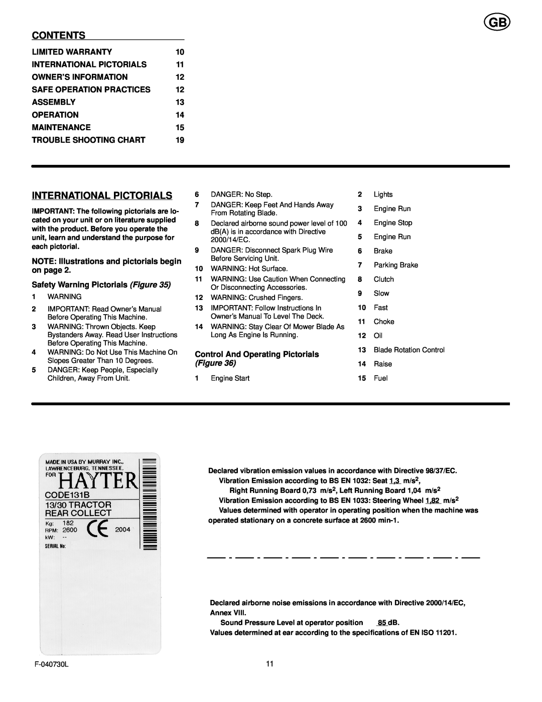 Hayter Mowers E131B manual Contents, International Pictorials 