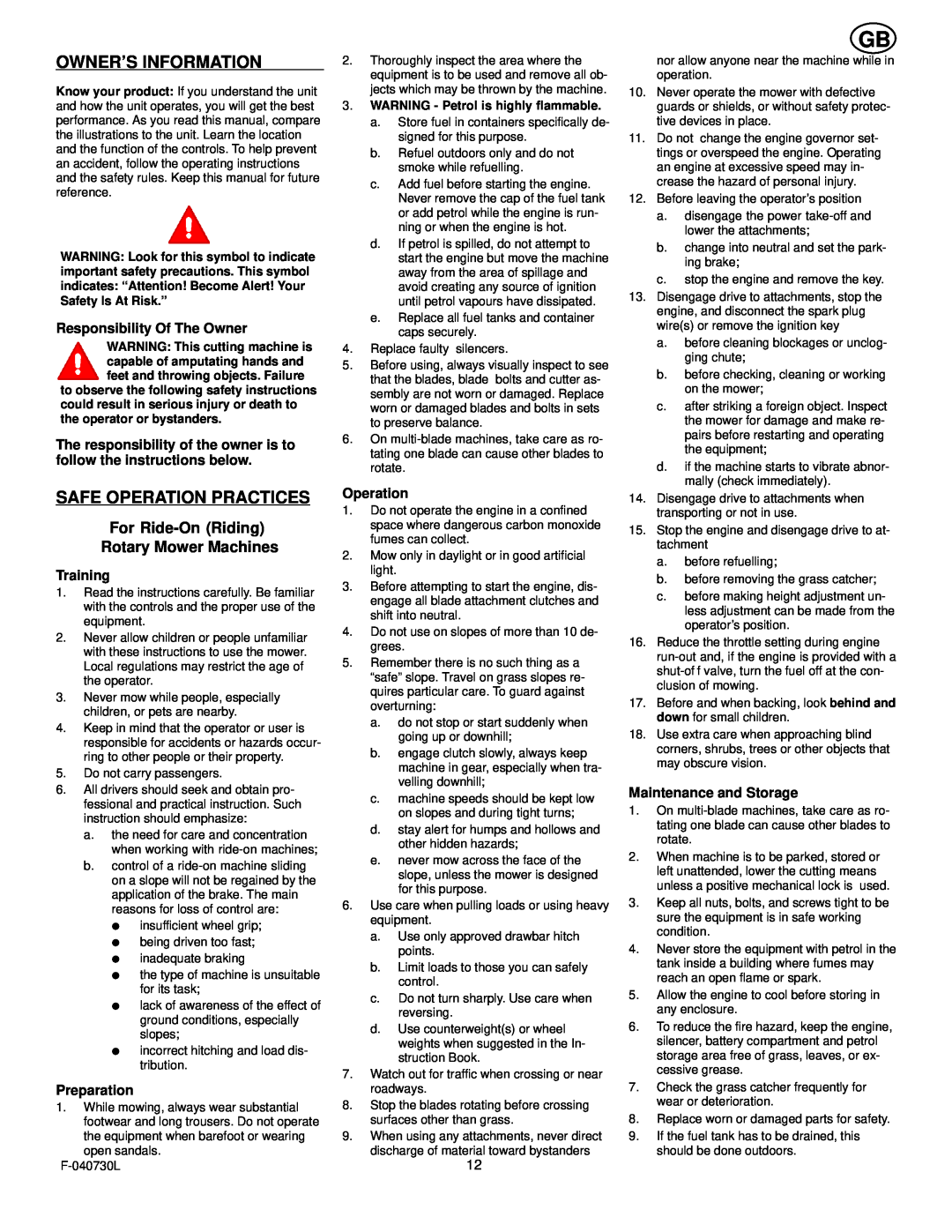 Hayter Mowers E131B manual Owner’S Information, Safe Operation Practices, For Ride-On Riding Rotary Mower Machines 