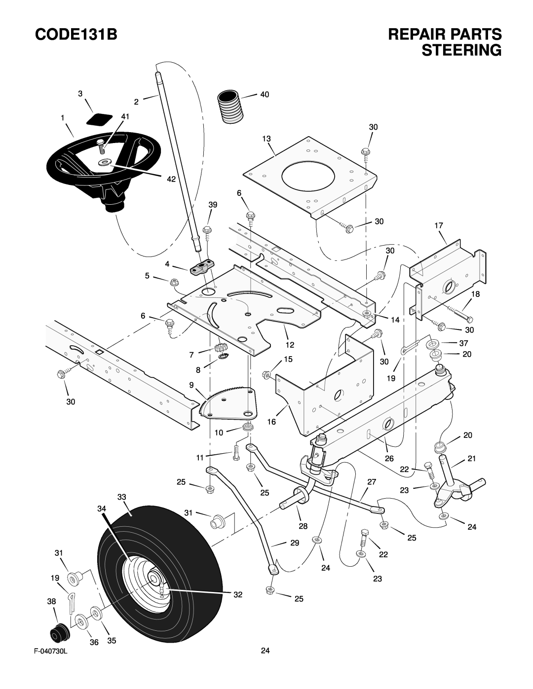 Hayter Mowers manual Steering, CODE131B, Repair Parts, F-040730L 
