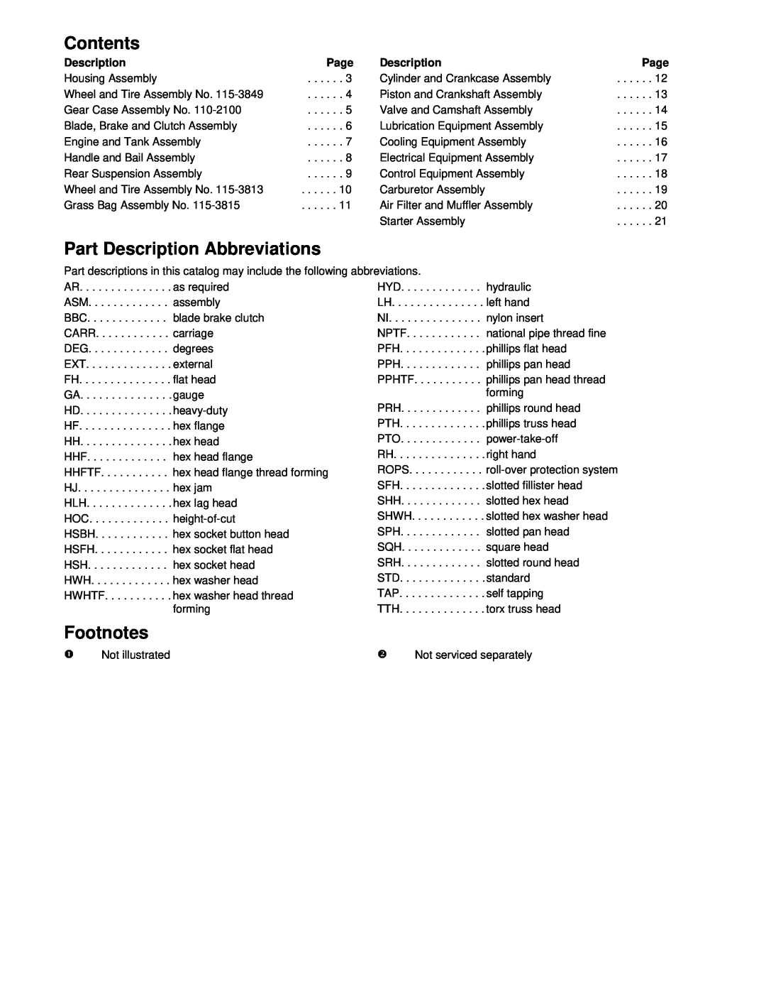 Hayter Mowers G002741 manual Page, Contents, Part Description Abbreviations, Footnotes 