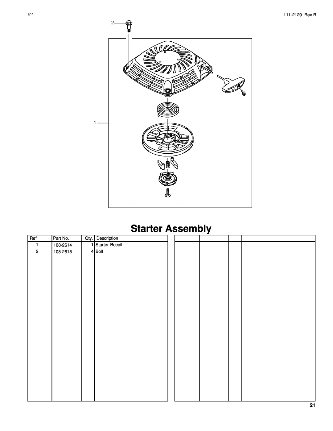 Hayter Mowers G002741 manual Starter Assembly, 111-2129Rev B, Description, 108-2614, Starter-Recoil, 108-2615, Bolt 